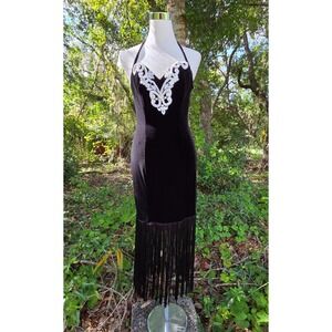 Vtg Speed 80s USA Black Velvet White Lace Formal Cocktail Party Dress Flapper‎ S